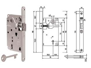 Serratura a bussola centro solo scrocco bordo tondo cromato opaco - mm.50 bordo cromato opaco (1010.50.34) - chiave in dotazione, quadro maniglia mm.8, interasse mm.90, frontale bordo tondo mm.18, serratura per porte interne a filo o ...