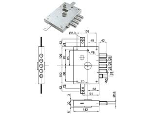 Serratura triplice applicare con scr. doppia mappa blind. heavy mm.63 - mm.63 DX (SER 6111 DE) - serrature a doppia mappa per porte blindate serie HEAVY con scrocco azionato da chiave e da quadro maniglia, 5 catenacci, int...