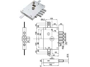 Serratura triplice applicare con scr. doppia mappa blind. heavy mm.73 - mm.73 SX (IMB 7112 SE) in busta - serrature a doppia mappa per porte blindate serie HEAVY con scrocco azionato da chiave e da quadro maniglia, 5 catenacci, int...