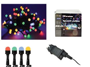 Lucciole a led multicolor per interno/esterno con gioco luci - 300 led - mt.2 + 9 - tensione 230v/50Hz, con gioco luci, grado di protezione IP 44, confezionate in scatola illustrata