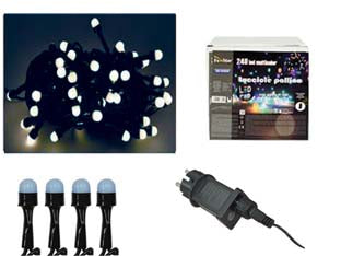 Lucciole a led bianco freddo per uso interno/esterno con gioco luci - 300 led - mt.12 + 5 - tensione 230v/50Hz, con gioco luci, grado di protezione IP 44, confezionate in scatola illustrata