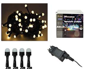 Lucciole a led bianco caldo per uso interno/esterno con gioco luci - 300 led - mt.2 + 9 - tensione 230v/50Hz, con gioco luci, grado di protezione IP 44, confezionate in scatola illustrata