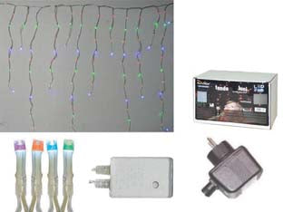 Tenda sfalsata 150 led multicolor per esterno con gioco luci - mt.5 + 2,7 x 0,9 - tensione 220-250v/50Hz, con spina SCHUKO, grado di isolamento IP44 , confezionata in scatola illustrata, connettibile, per un...