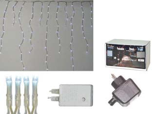 Tenda sfalsata150 led bianco freddo per esterno con gioco luci - mt. 2,7 x 0,9 max - 22 fili - tensione 220-250v/50Hz, con spina SCHUKO, grado di isolamento IP44 , confezionata in scatola illustrata, connettibile, per un...