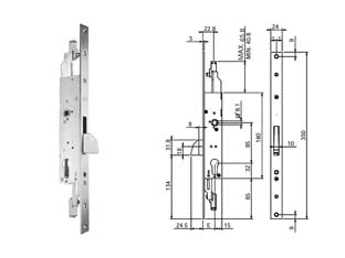 Serratura triplice infilare per montanti e persiane s/scrocco n98800 - mm.30 (N9880030000) - serratura in acciaio zincato, catenaccio basculante sporgente mm.25, frontale piatto mm.24x3, lunghezza mm.350, cilindro non ...