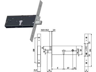 Serratura da infilare per fasce catenaccio e scrocco mm.64 h 1940 - mm.90 interasse mm.67 (1940) - scatola e coperchio in acciaio zincato e plastificato, frontale in acciaio inox mm.25, catenaccio in acciaio nichelato, scroc...