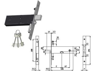 Serratura triplice infil. per fasce d/mappa cat. e scr. mm.57 h 5980 - mm.90 interasse mm.67 (5980) - scatola e coperchio in acciaio zincato e plastificato, frontale in acciaio inox mm.25, catenaccio in acciaio nichelato, scroc...