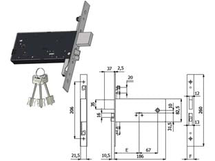 Elettroserratura tripl. infil. fasce d/m cat. e scr. mm.82,5 h 5968 - mm.90 interasse mm.67 (5968) - scatola e coperchio in acciaio zincato e plastificato, frontale in acciaio inox mm.25, catenaccio in acciaio nichelato, pisto...