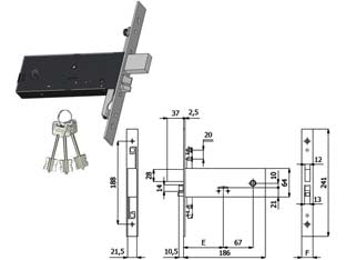 Elettroserratura tripl. infil. fasce d/m. cat. e scr. mm.64 h 5978 - mm.90 interasse mm.67 (5978) - scatola e coperchio in acciaio zincato e plastificato, frontale in acciaio inox mm.25, catenaccio in acciaio nichelato, pisto...