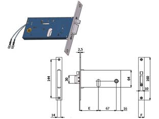 Elettroserratura infilare per fasce catenaccio e scrocco mm.64 h - mm.80 interasse mm.67 (888) - scatola e coperchio in acciaio zincato e plastificato, frontale in acciaio inox mm.16, catenaccio in acciaio nichelato, pisto...