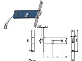 Elettroserratura infilare per fasce catenaccio e scrocco mm.44 h - mm.80 interasse mm.67 (899) - scatola e coperchio in acciaio zincato e plastificato, frontale in acciaio inox mm.16, catenaccio in acciaio nichelato, pisto...