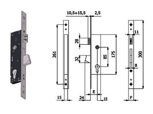 Serratura da infilare per montanti catenaccio e scrocco 1400s - mm.35 interasse mm.85 (1400S.35.25) - scatola e coperchio in acciaio zincato e plastificato, frontale in acciaio inox mm.25, catenaccio autocentrante in lega speci...