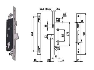 Seserratura triplice infil. per montanti catenaccio e scrocco 1410s - mm.35 interasse mm.85 (1410S.35.25) - scatola e coperchio in acciaio zincato e plastificato, scatola serratura mm.15 l., frontale in acciaio inox mm.25, catenaccio...