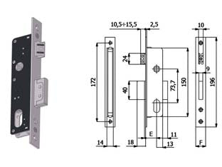 Serratura da infilare per montanti catenaccio e scrocco 540 - mm.30 interasse mm.73,7 (540) - scatola e coperchio in acciaio zincato e plastificato, frontale in acciaio inox mm.16, catenaccio in lega speciale nichelata,...