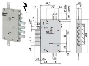 Elettroserratura triplice applic. doppia mappa porte blindate 17515 - mm.64 (17515280) conf. ind. - ambidestra, interasse mm.28, 4 mandate, scatola in acciaio con rivestimento in zinco, catenacci in acciaio zincato alta resis...