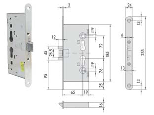 Serratura da infilare per porte tagliafuoco 43020 - mm.65 (43020650) - ambidestra, interasse mm.72, 1 mandata mm.15, testata in acciaio inox, scatola in acciaio con rivestimento in zinco, scrocco ...