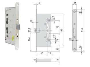 Serratura da infilare antipanico per porte tagliafuoco 56916 - mm.65 (43110650) - ambidestra, interasse mm.72, testata in acciaio inox, scatola in acciaio con rivestimento in zinco, scrocco in acciaio con ri...