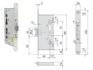 Serratura da infilare antipanico per porte tagliafuoco 43120 - mm.65 (43120650) - ambidestra, interasse mm.72, 1 mandata mm.15, scatola in acciaio con rivestimento in zinco, scrocco in acciaio con rivestimen...