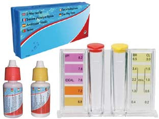 Kit tester cloro, ph e bromo con reagenti liquidi ml.20x2 - kit composto da provette con scala colorimetrica (Ci,pH,e Br) ml.20 reagente liquido Phenol rosso e ml.20 reagente liquido Or...
