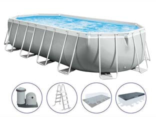 Piscina prism frame ovale c/tel. portante c/pompa cm.610x305x122h. - capacità lt.18202 - peso kg.130,4 (26798) - colore grigio chiaro, rivestimento in PVC a 3 strati per una maggiore resistenza, facile montaggio grazie al sistema easy loc...