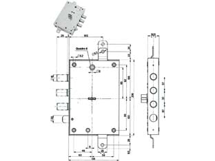 Serratura triplice applicare con scrocco dm blindate 52571/37 - mm.63, DX (52571ROMD 36) - scatola in acciaio zincato, catenacci e scrocco a pistoni con interasse mm.37 in acciaio cromato, 4 mandate, scrocco azionato...