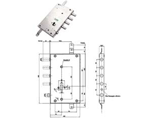 Serratura triplice applicare serrablinda con scrocco cil.europeo 85461 - mm.70 SX (85461S) - scatola mm.185x305h. in acciaio con rivestimento in zinco, catenacci e scrocco in acciaio nichelato, chiavistelli tondi ø mm....