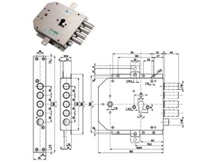Serratura triplice applicare con scrocco cil. europeo blindate 85555 - mm.63 SX (85555S) - scatola mm.182x159h. in acciaio con rivestimento in zinco, catenacci e scrocco in acciaio nichelato, 2 mandate, chiavistelli ...