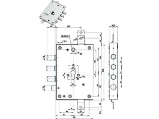 Serratura triplice applicare con scrocco cil. eur. blindate 85571/37 - mm.63 SX (85571S37N) - scatola mm.136x206h. in acciaio con rivestimento in zinco, catenacci e scrocco in acciaio nichelato, 2 mandate, interasse mm....