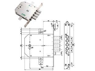 Serratura triplice infilare con scrocco doppia mappa blindate 50735 - mm.63 DX (50735D) - scatola mm.136x206h. in acciaio zincato, catenacci e scrocco a pistoni con interasse mm.25 in acciaio cromato, 4 mandate, scr...