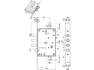 Serratura triplice infilare con scrocco doppia mappa blindate 52771/37 - mm.63 SX (52771SL3736) - scatola mm.136x206h. in acciaio zincato, piastra mm.356x35, catenacci e scrocco a pistoni con interasse mm.37 in acciaio crom...