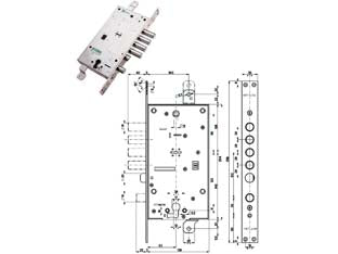 Serratura triplice infilare con scrocco cil.eu. + dm blindate 54797/28 - mm.63 DX (54797DL2836) - 4 mandate, scatola in acciaio zincato, catenacci a pistoni in acciaio cromato, dotazione: 3 chiavi, 1 mostrina interna, 1 mos...