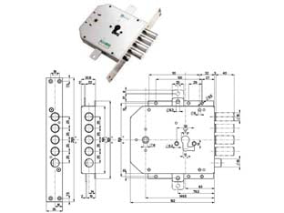 Serratura triplice infilare con scrocco cil. europeo blindate 85735 - mm.63 SX (85735S) - scatola mm.182x159h. in acciaio con rivestimento in zinco, catenacci e scrocco in acciaio nichelato, 2 mandate, chiavistelli ...