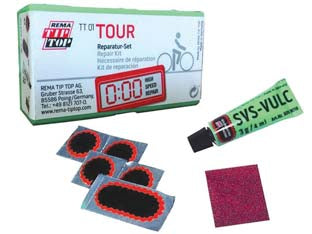 Kit riparazione bici tt 01 - kit riparazione biciclette composto da: pz.4 pezze F 1 ø mm.25, pz.1 pezza a F 2 mm.50x25, pz.1 tubetto mastica SVS-VULC gr....