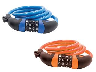 Antifurto con combinazione colori assortiti blu/arancione - ø mm.10x120 cm. - cavo a fune spirale di sicurezza in acciaio, lucchetto integrato con combinazione, resettabile a 4 cifre, con supporto automa...