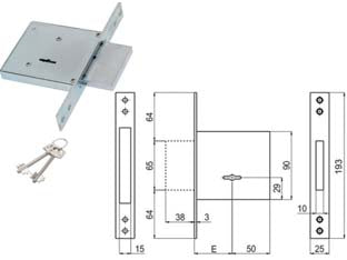 Serratura da infilare doppia mappa 450/r - mm.50 (00450 R0 50 2C CI) - scatola e coperchio in acciaio zincato, piastra frontale e contropiastra nichelate, catenaccio cromato, 4 mandate, in dotazio...