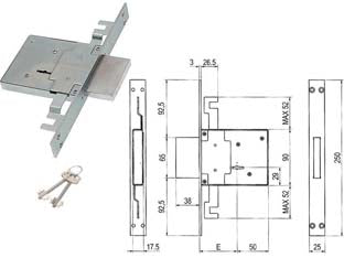 Serratura triplice da infilare doppia mappa 450/3s - mm.60 (00450 3S 60 2C CI) - scatola e coperchio in acciaio zincato, piastra frontale e contropiastra nichelate, catenaccio cromato, 4 mandate, triplice c...