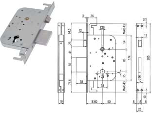 Serratura triplice infilare a cilindro c/scrocco e catenaccio 600y - mm.60 (00600 Y30 60) - scatola e coperchio in acciaio zincato, piastra frontale e contropiastra nichelate, 3 mandate, triplice chiusura, azionamento...