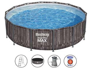 Piscina steel pro max tonda telaio portante cm.427x107h. - kg.52,7 - lt.13.030 -fitro cartuccia (art.5614Z) - con pompa filtro 58386 compatibile con cartuccia 58094, scaletta di sicurezza e copertura