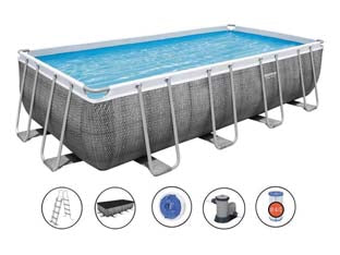 Piscina power steel rettangolare telaio portante cm.549x274x122h. - kg.112,4 - lt.14812 -filtro cartuccia(art.56998) - colore rattan grigio, con pompa filtro 58389, cartuccia 58012, telo di copertura, scaletta di sicurezza, e dispenser chimico ...