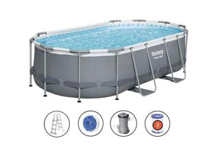 Piscina power steel ovale con telaio portante cm.427x250x100h. - kg.51,50 - lt.7250 -filtro cartuccia (art.56620) - con pompa filtro 58389, cartuccia 58094, scaletta di sicurezza dispenser chimico Chemconnect