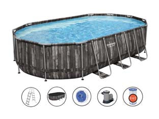 Piscina power steel set ovale con telaio portante cm.610x366x122h. - kg.98,7 - lt.20241 -filtro cartuccia (art.5611R) - con pompa filtro 58389 compatibile con cartuccia 58012, scaletta di sicurezza, copertura e dispenser chimico Chemconnect
