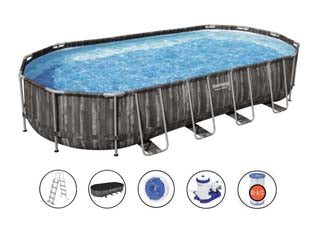 Piscina power steel set ovale con telaio portante cm.732x366x122h. - kg.128,6 - lt.24495 -filtro cartuccia(art.5611T) - con pompa filtro 58391 compatibile con cartuccia 58095, scaletta di sicurezza, copertura e dispencer chimico Chemconnect