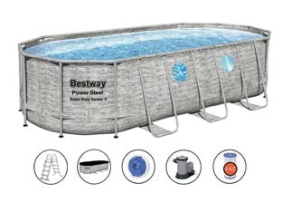 Piscina power steel swim vista ovale telaio portante cm.549x274x122h. -cm.549x274x122h - capacità lt.13430 - (art.56716) - con oblò, colore pietra grigia, con pompa filtro 58389, cartuccia 58012, scaletta di sicurezza, copertura e dispenser chimico...
