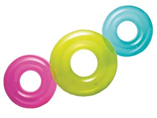 Salvagente gonfiabile trasparente senza maniglie +8 anni - ø cm.76 - peso kg.0,22 (59260) - in vinile spessore mm.0,20, senza maniglie, 3 colori trasparenti assortiti: rosa, lime e azzurro, portata max Kg.40