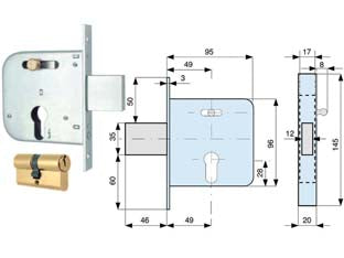 Serratura infilare cancelli catenaccio e scr.+quadro cil.sagomato 138 - mm.50 (138 50 0) - scatola e frontale in acciaio zincato, catenaccio con scrocco incorporato in acciaio a 2 mandate, con cilindro sagomato da mm...