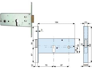 Serratura infilare per fasce caten. 1 mandata e scr. mm.64 h 283802 - mm.70 (283.70.2) - in acciaio zincato, con scatola e frontale da mm.20x3x160h. catenaccio a 1 mandata con scrocco incorporato in ottone, con cil...