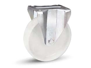 Ruote industriali in poliammide c/piastra fissa gabbia rulli 118bisa - ø mm.200x50 piastra mm.140x110 - 235h. p. Kg.300 - ruote in poliammide 6, mozzo su scinetti a sfera schermati assemblati con distanziale centrale e gabbia a rulli, supporti tip...