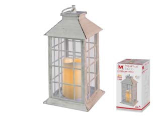Lanterna quadra quadrettata con candela led - 2700°K - cm.14x14x30h. - colore bianco antico - alimentazione con 3 batterie AAA incluse, durata media 200 ore,senza fili,materiale: plastica/vetro, timer 6 ore