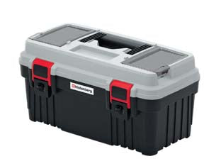Cassetta portautensili optima - mm.540x278x269h. carico max Kg.20 art.KOP5530 - struttura polipropilene, cerniere ABS, maniglia plastica ergonomica, coperchio 2 vaschette portaminuterie e 1 scomparto, vass...
