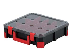 Valigetta portaminuteria titan - mm.390x390x110h. art.KTI4040B - struttura polipropilene, coperchio policarbonato, 12 vaschette amovibili, maniglia trasporto, angoli inferiori riforzati con ...